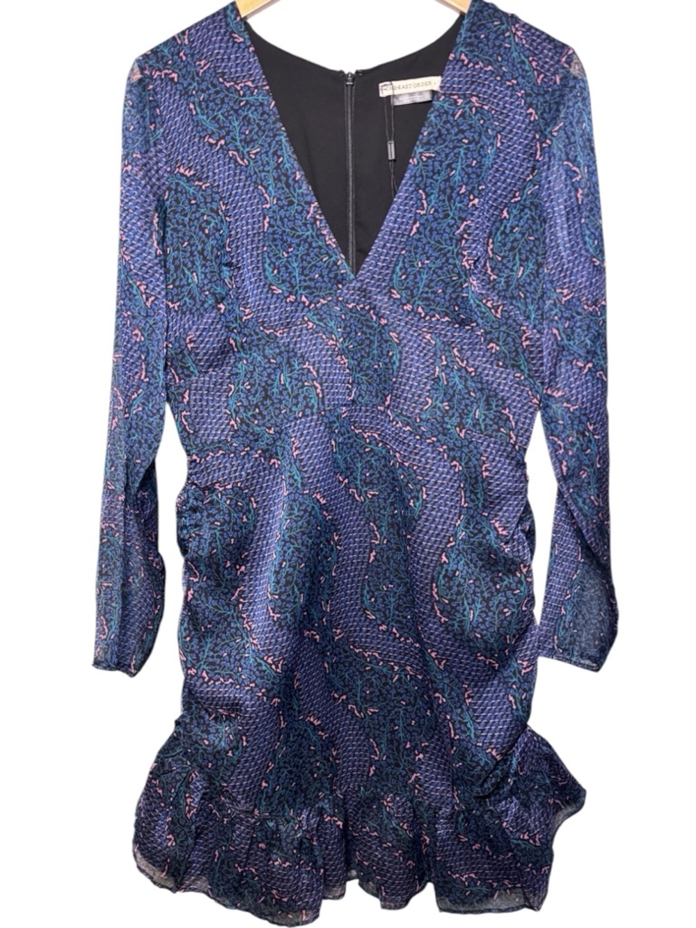 The East Order Isa Ruched Mini Dress Blue Pink Print Long Sleeve Size L